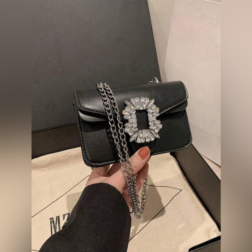 Black leather Rhinestone embellished chain shoulder party Mini Bag night out